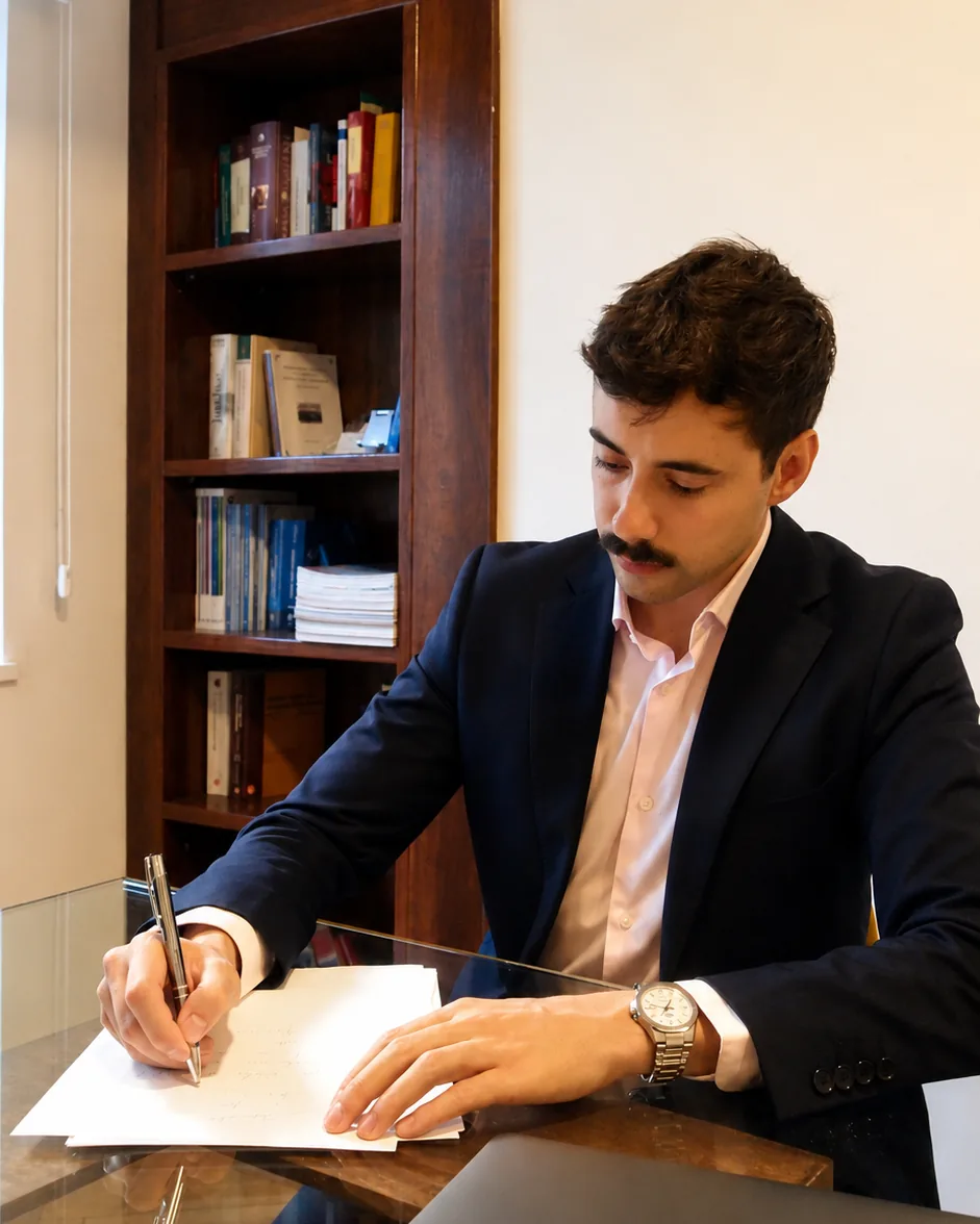 Álvaro Balsa Prados, abogado laboralista, trabajando en la sala de reuniones del despacho en Doctor Fleming 31, Madrid